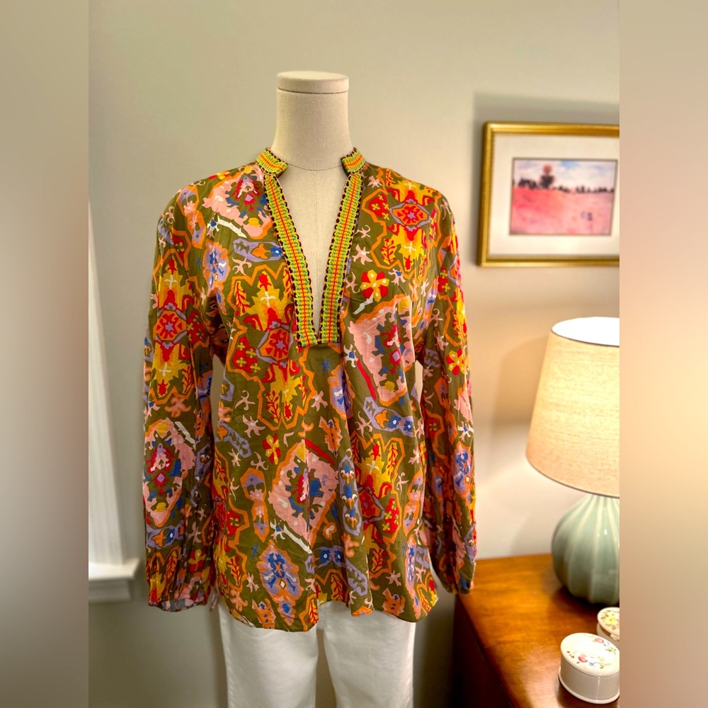 Zara Olive Green Multicolor Printed V-Neck Blouse